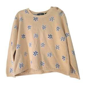 Vintage Orvis Embroidered Floral Sweater Women XL Butter Yellow Blue Cottagecore